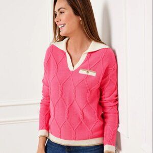 Talbots Lattice Cable Johnny Collar Pink Ivory Gold Trim Knit Sweater PL NWT